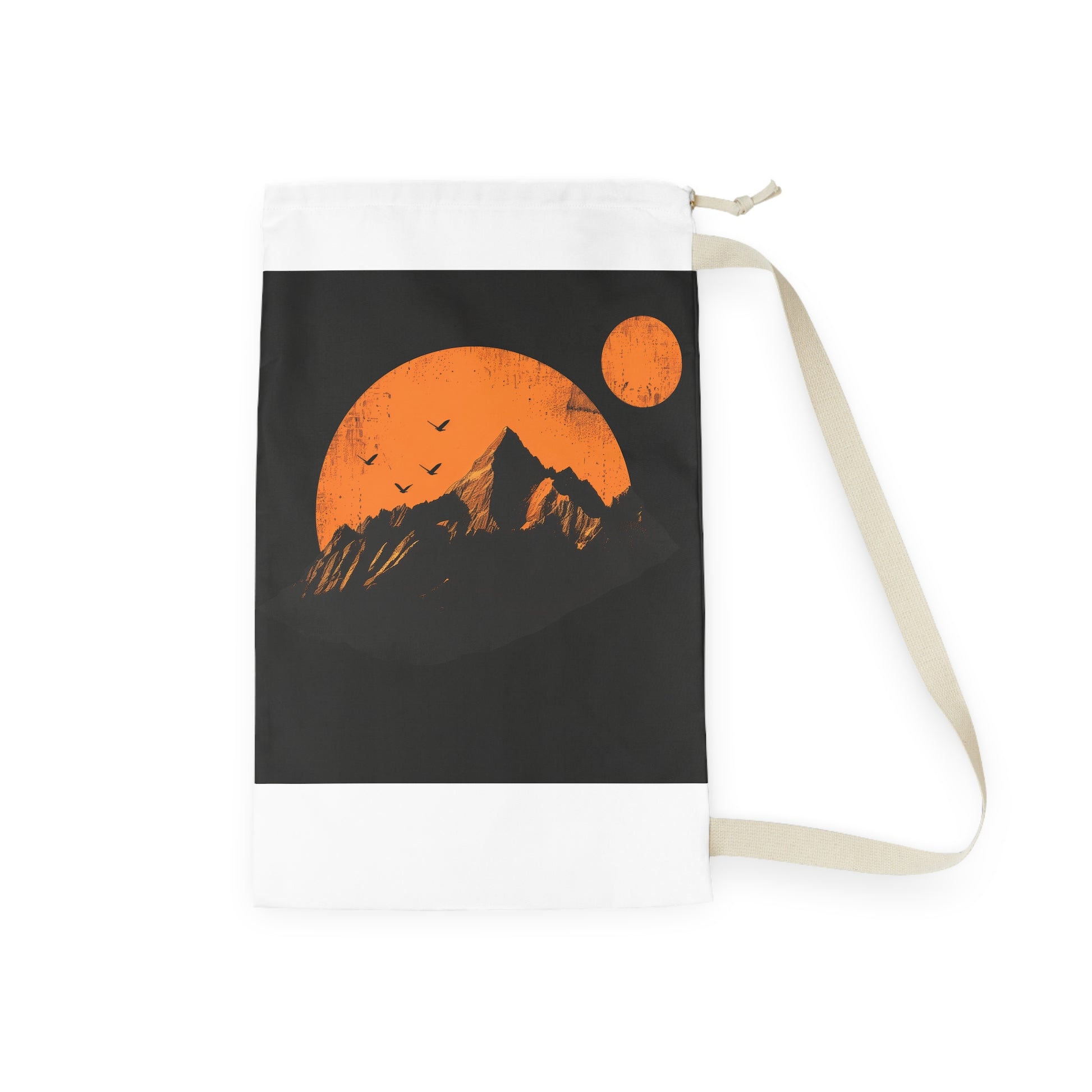 "Sunrise mountain range laundry bag with rising sun design, stylish and practical"