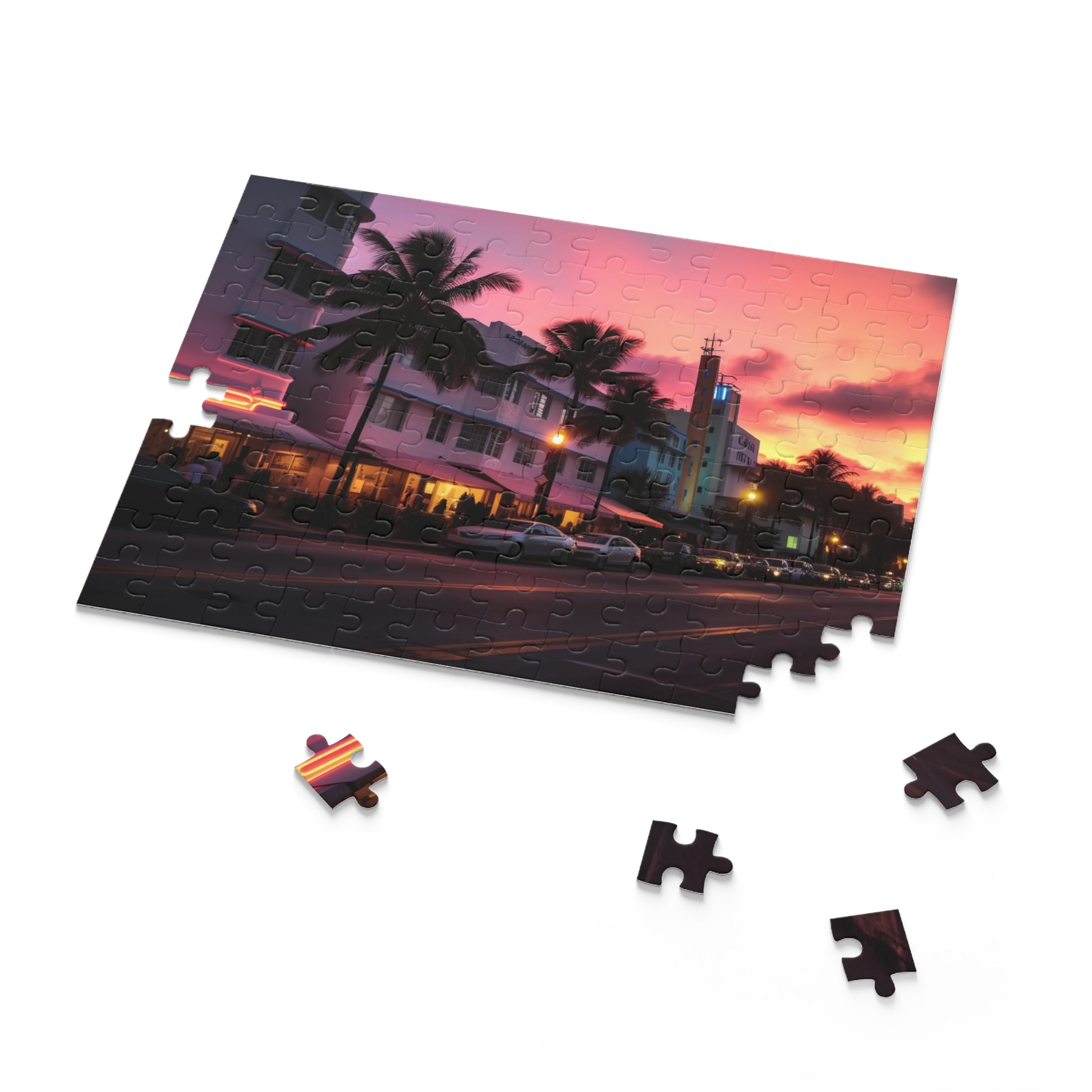 "Vibrant Miami skyline puzzle at dusk, perfect for cozy evenings or rainy days"