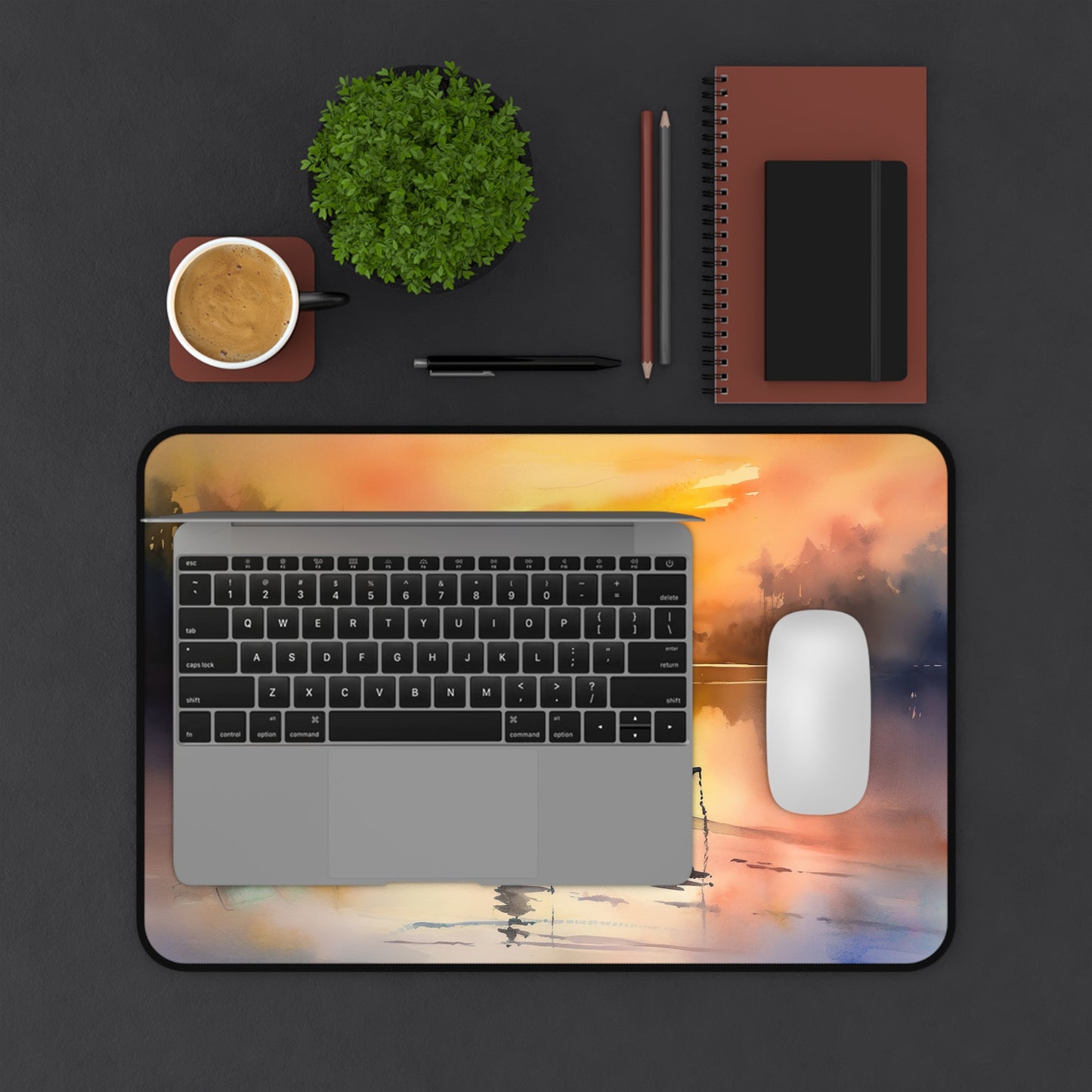 "Fisherman Sunset Desk Mat - Bring tranquility to your workspace with a vibrant fishing sunset scene"