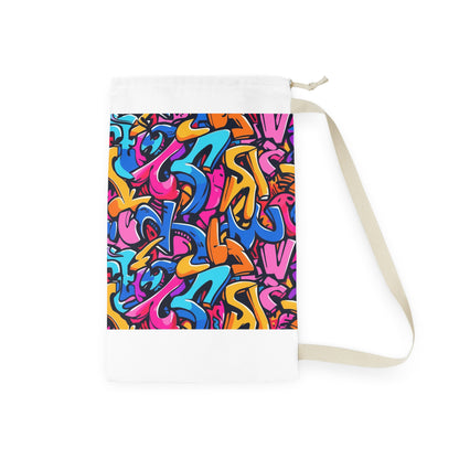 Neon urban graffiti laundry bag with bright colors for trendy laundry room decor.