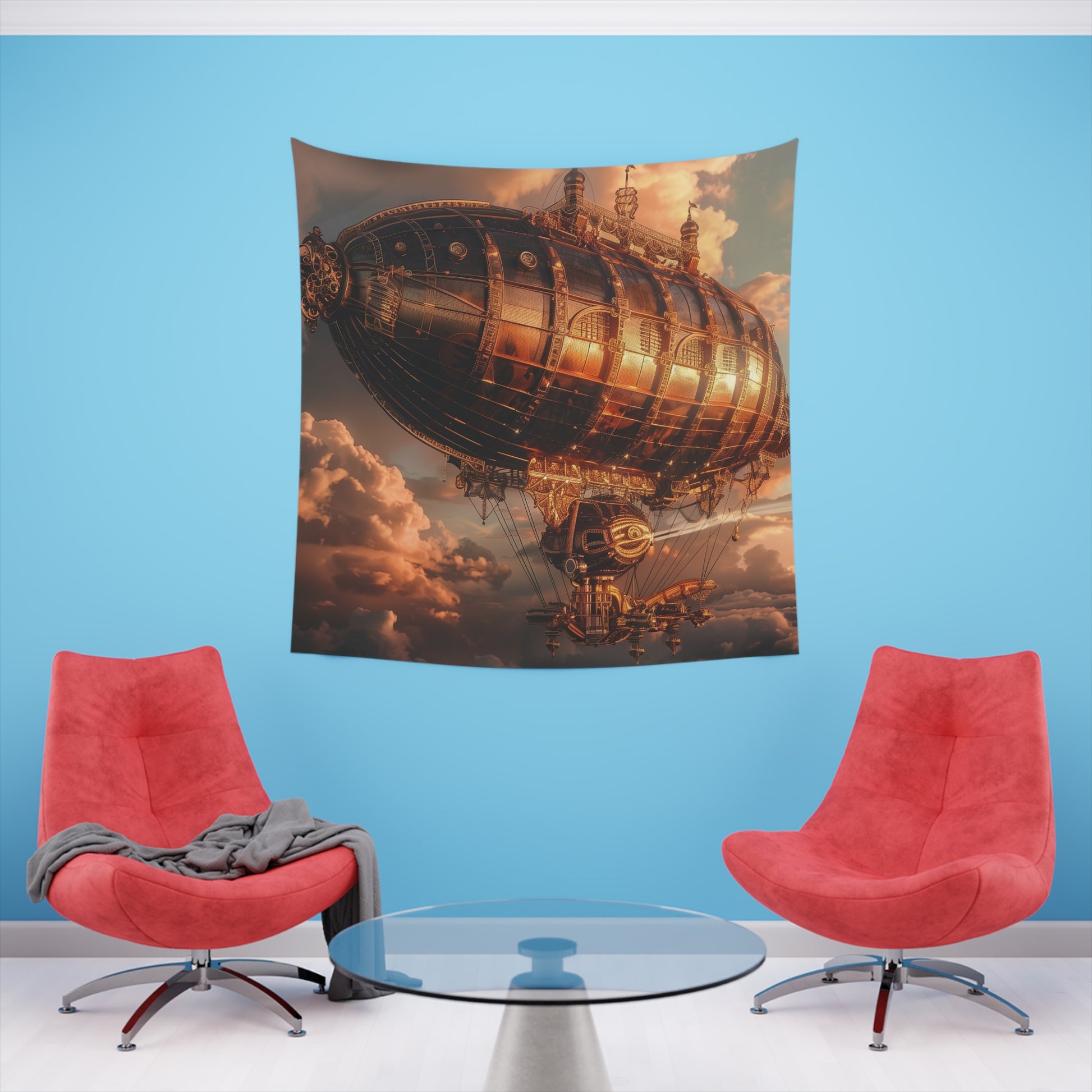 Steampunk Skies: An Airship Tapestry | Wall Tapestry | All Over Print, AOP, Decor, Halloween, Home & Living, Home Decor, Indoor, Spring Essentials, Sublimation, Tapestry | Prints with Passion