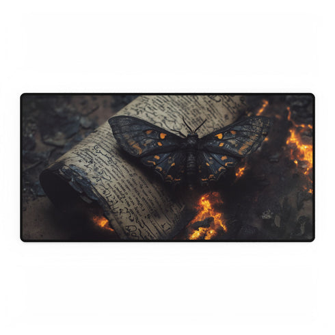 Lava Moth Resting on Burning Scroll (Edition II) — XL & XXL Desk Mat — Full Top-Down Artwork View