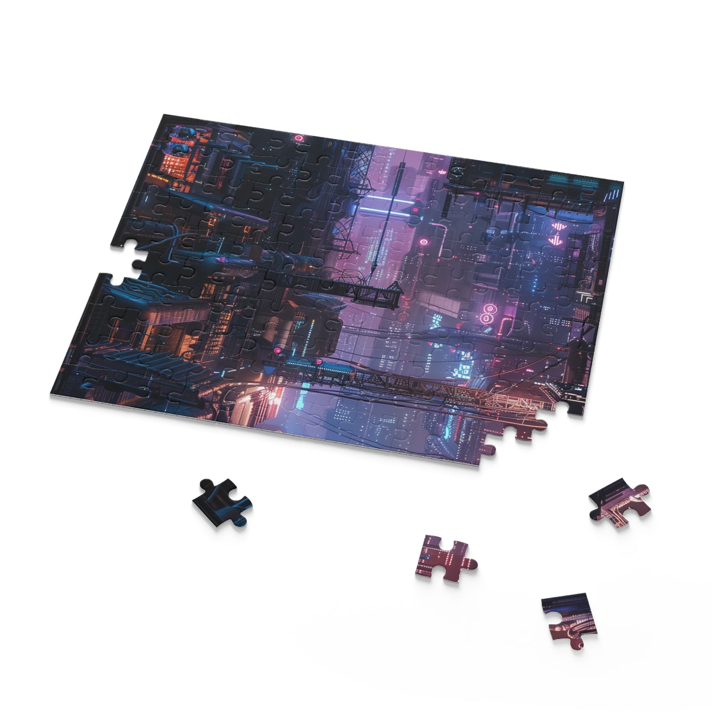 Neon Cityscape Cyberpunk Jigsaw Puzzle - Vibrant and intricate puzzle challenge with futuristic city skyline.