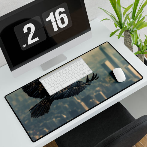 Robotic Eagle Soaring Above City — XL & XXL Desk Mat — 3mm Non-Slip Natural Rubber Base Detail