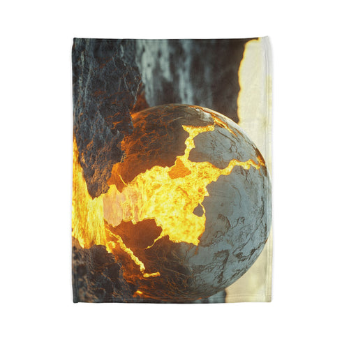 Crumbling Planet Leaking Golden Lava — Plush Fleece Throw Blanket — Folded Plush Blanket Detail