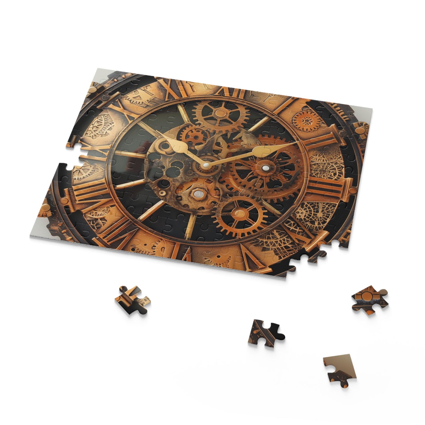 "Steampunk Gearworks Puzzle - Engaging jigsaw with intricate clock design and gears for a challenging experience"