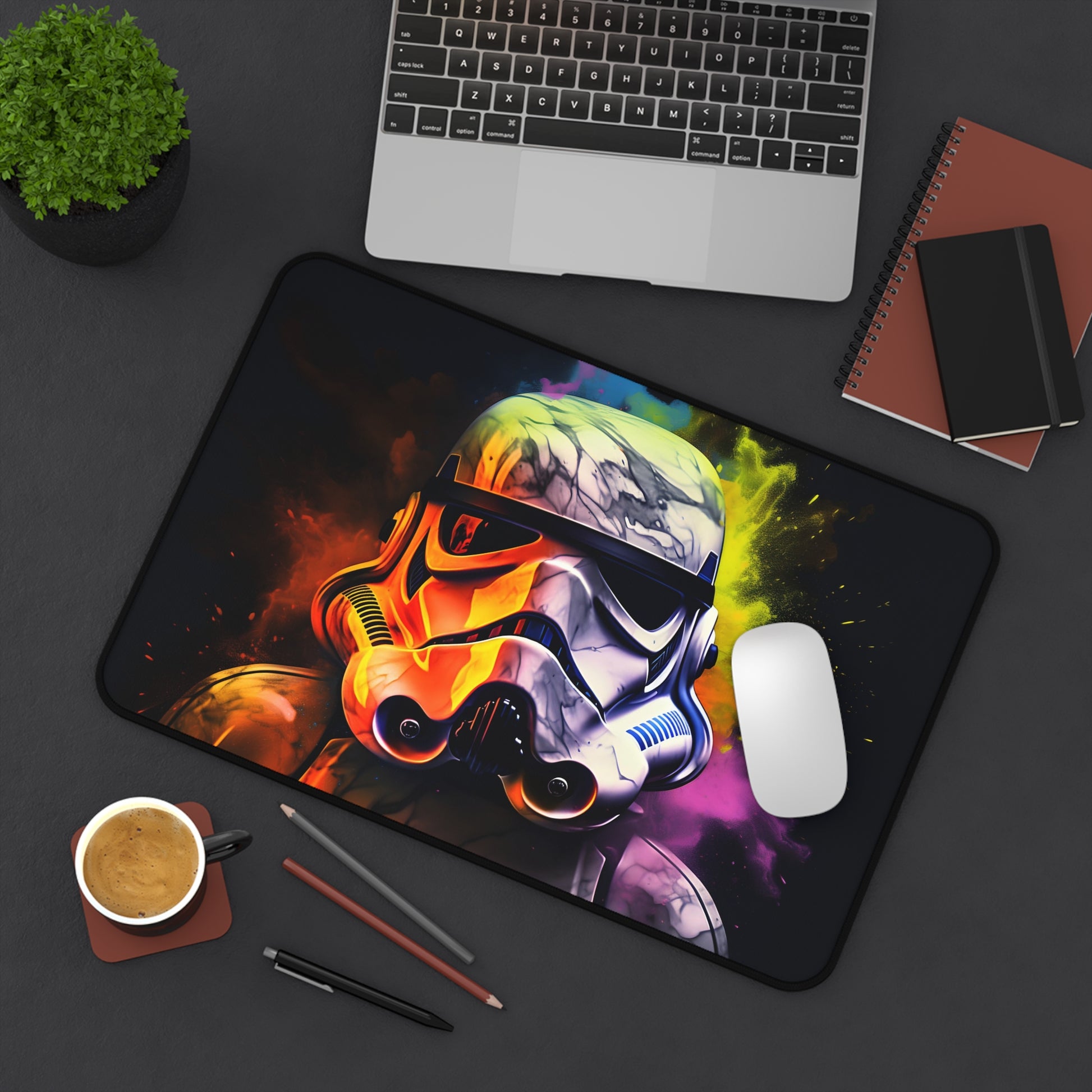 Neon Storm Trooper Desk Mat - Vibrant watercolor design for Star Wars fans & sci-fi enthusiasts