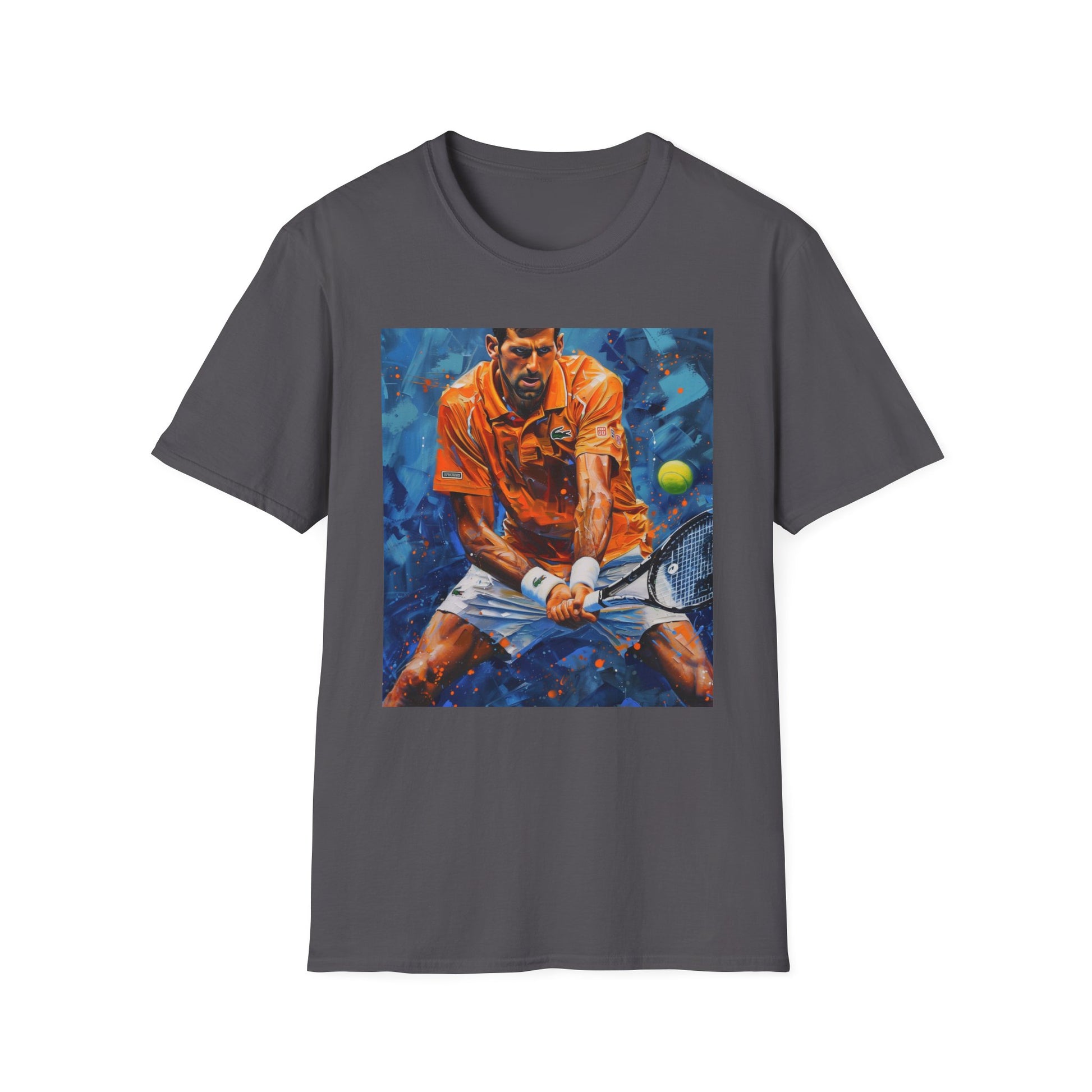 "Captivating Djokovic Painting T-shirt featuring vibrant portrait of tennis legend, showcasing unmatched skill and determination on the court"