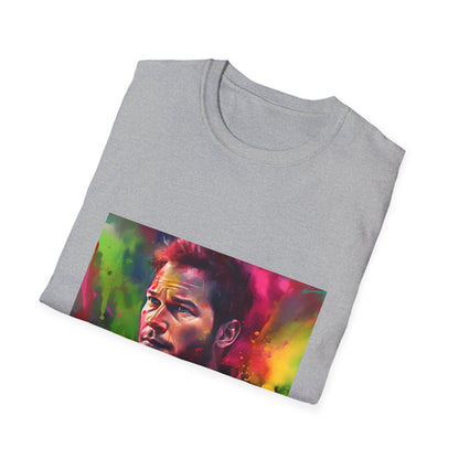 Alt text: "Adventurous Spirit in Neon Hues T-shirt featuring Chris Pratt's vibrant watercolor image, perfect for embracing life's adventures and staying true to yourself."