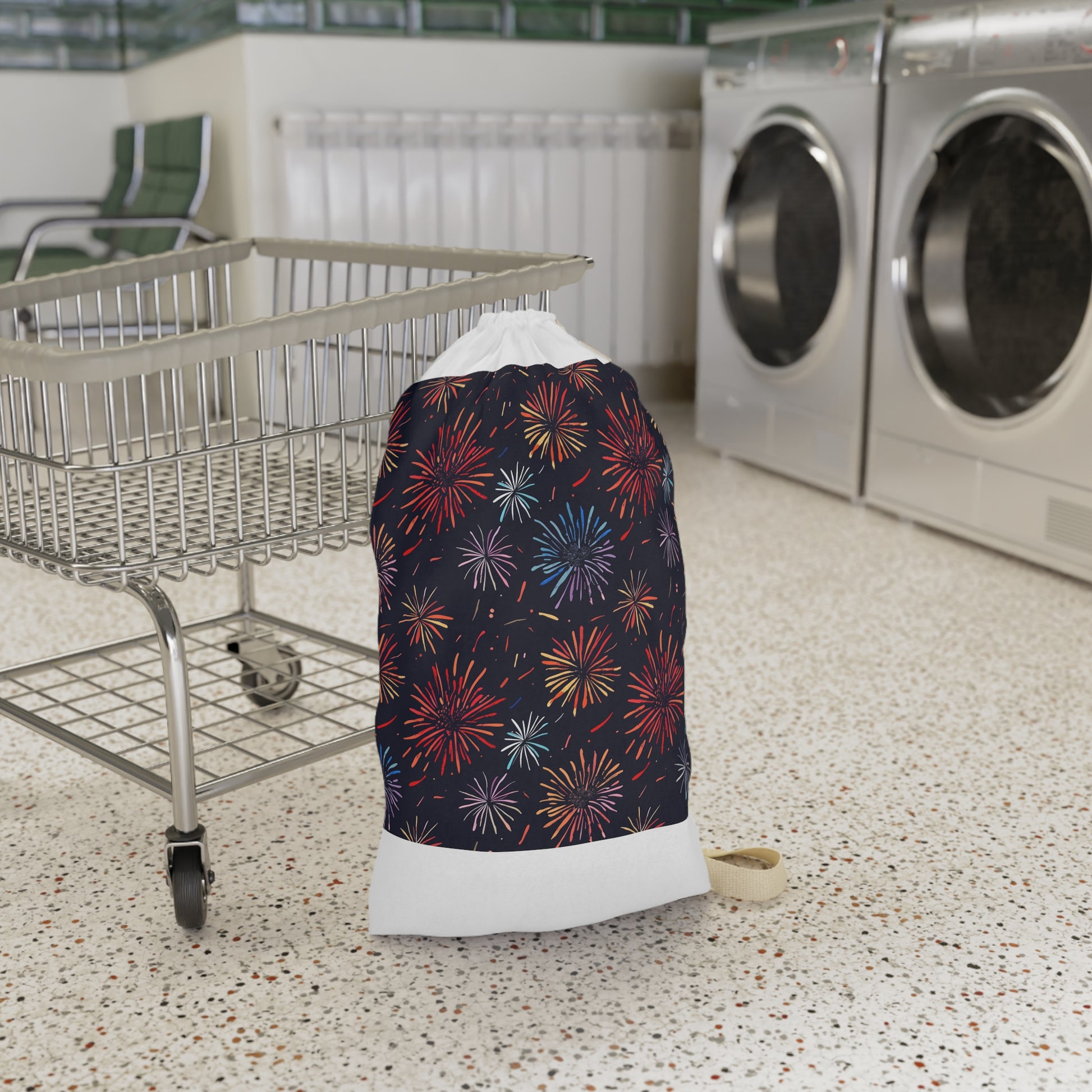 "Colorful fireworks festive laundry bag for organized and stylish laundry routine"