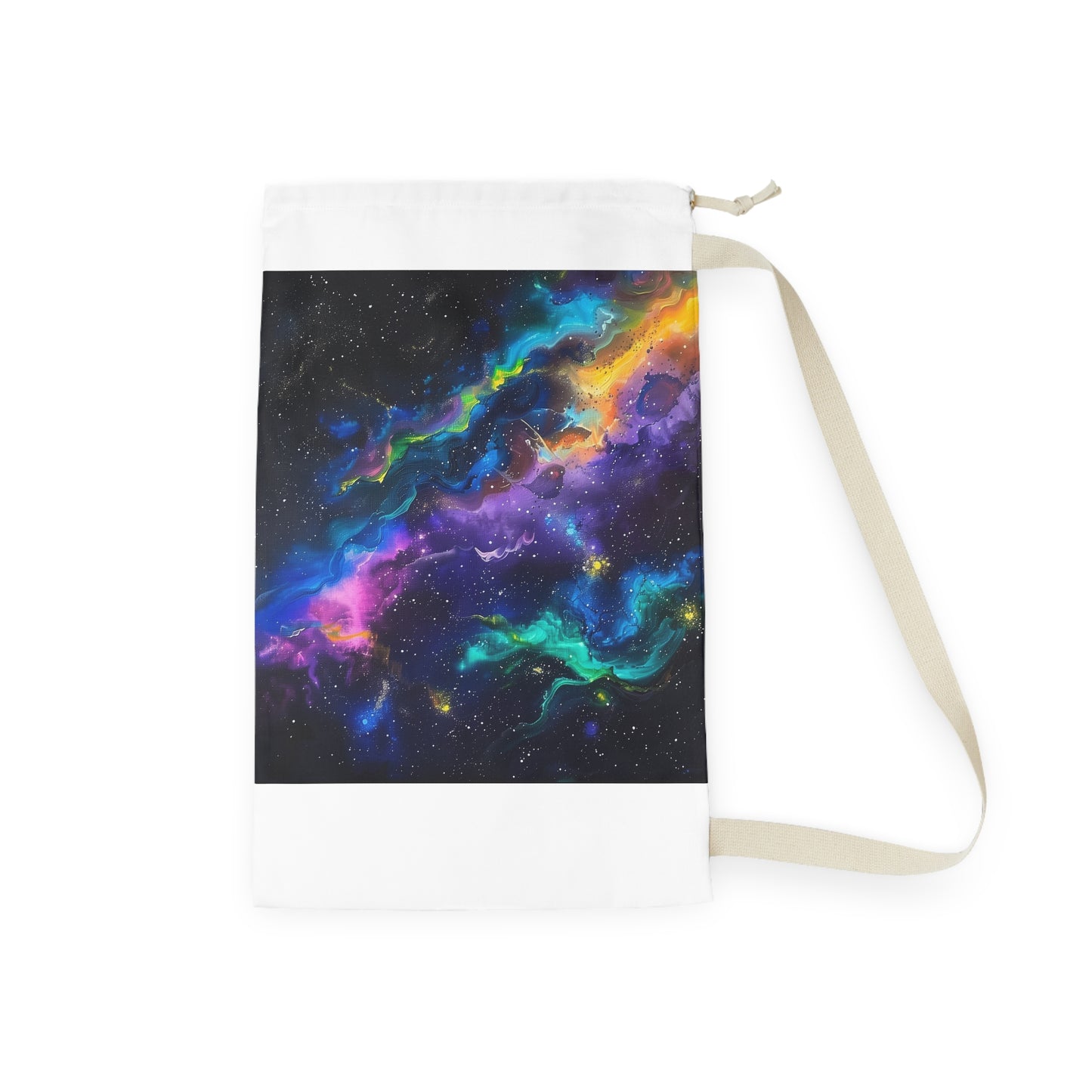 "Neon Galaxy Laundry Bag: Add a pop of color to laundry day with this eye-catching space-themed bag."