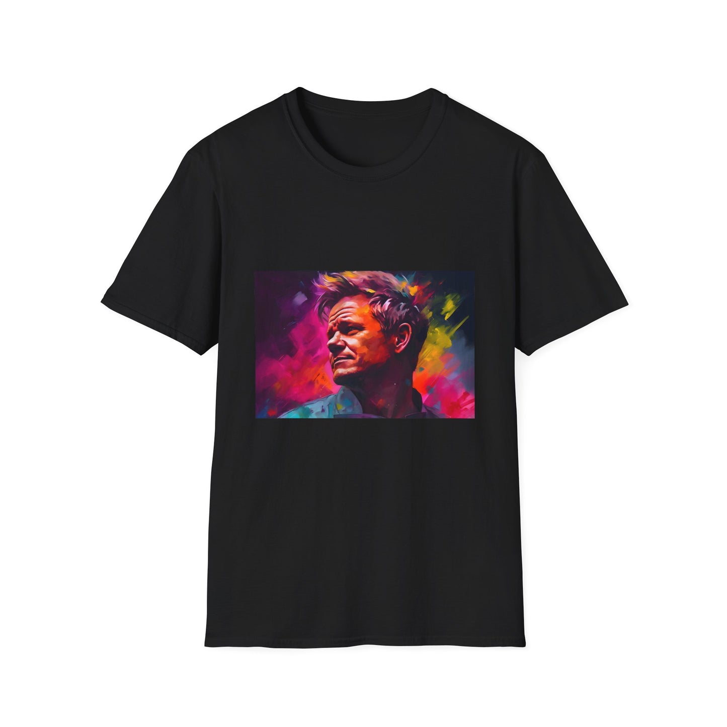 Culinary Master in Vibrant Strokes | T-Shirt | Create a list numbered 1 to 10 of just relevant hashtags for a tshirt of gordon ramsay watercolor neon colors, do not include # or @ | Prints with Passion