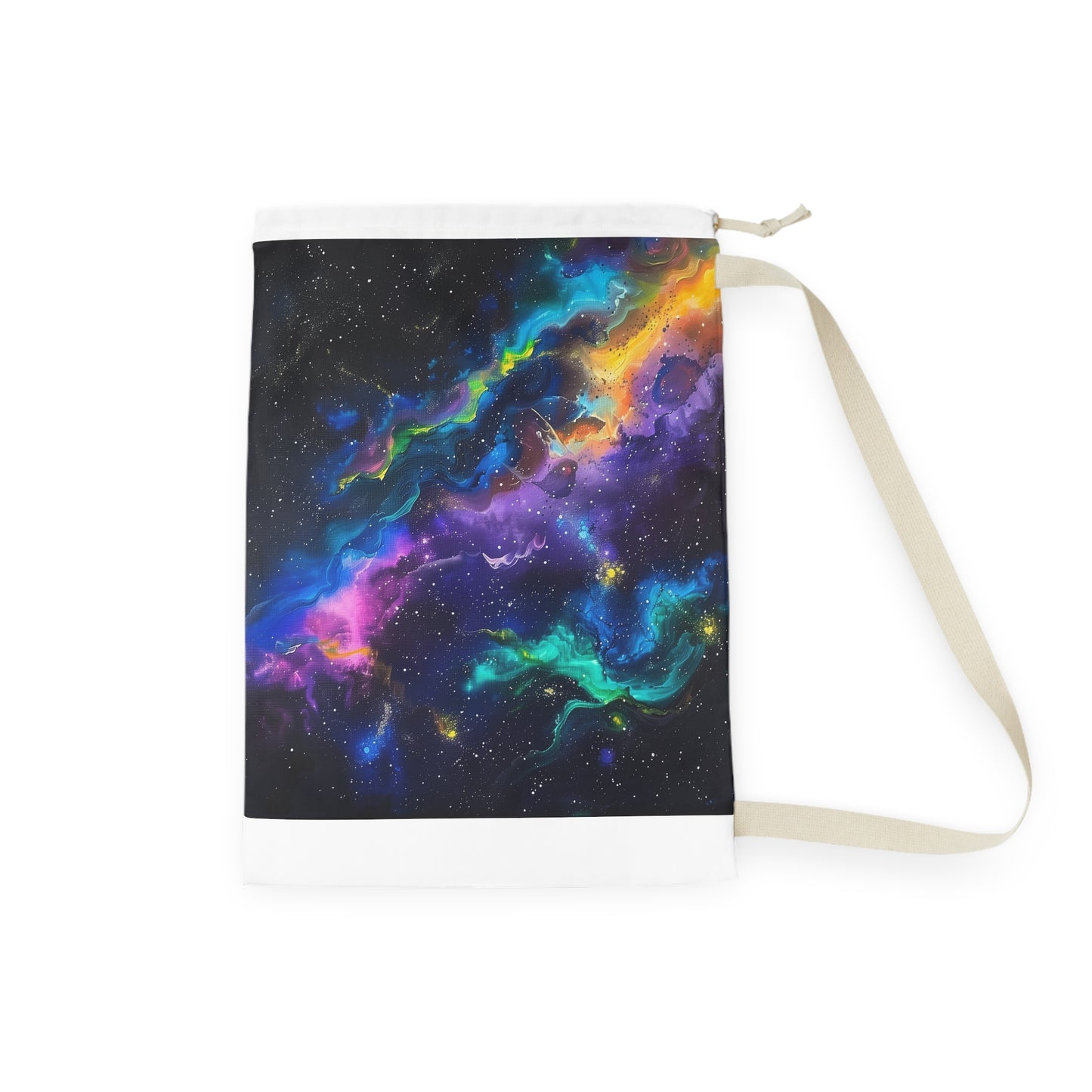 "Neon Galaxy Laundry Bag - Eye-catching space design for a pop of color on laundry day"