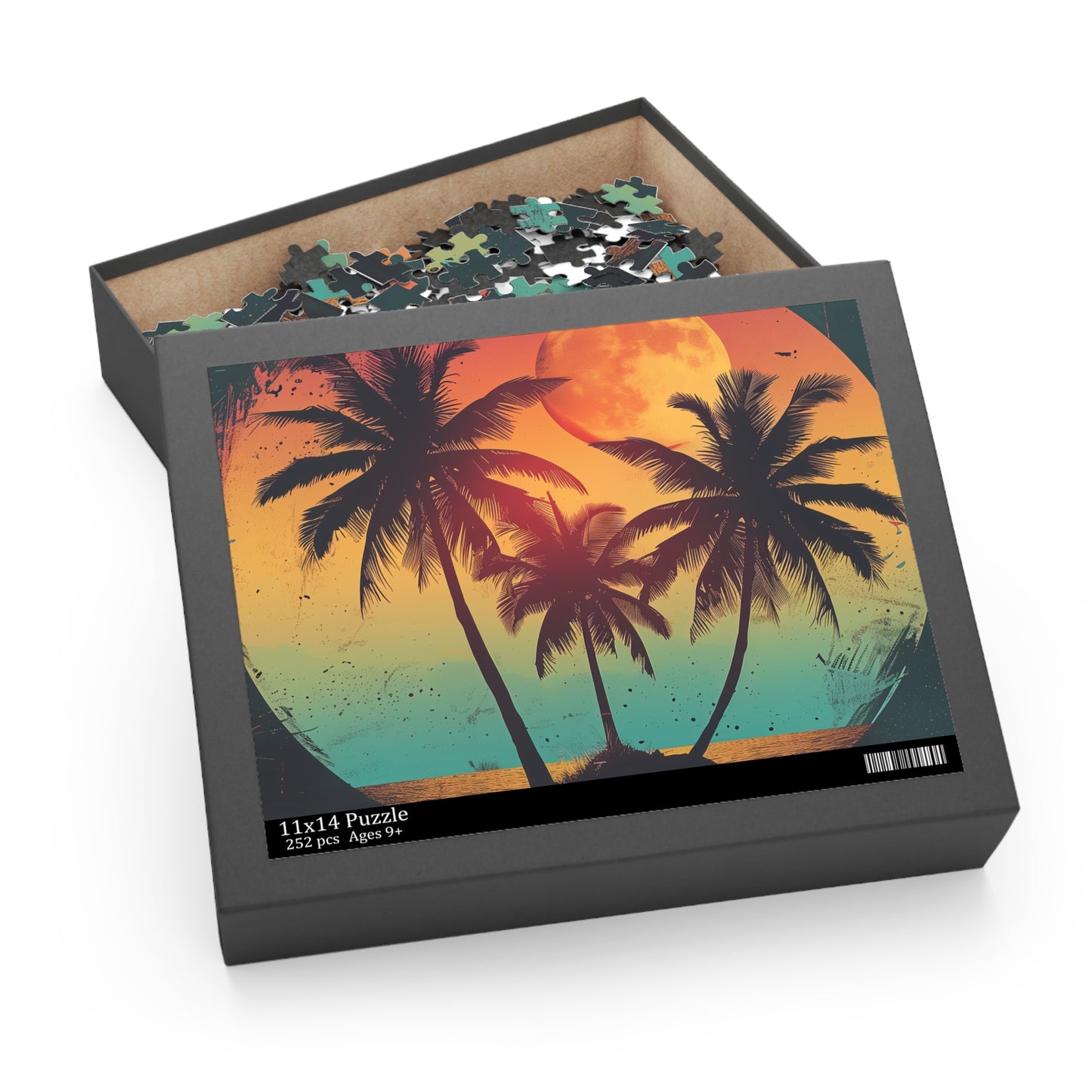 Tropical Twilight Jigsaw Puzzle - Retro sunset scene with palm trees, perfect for relaxation and nostalgia