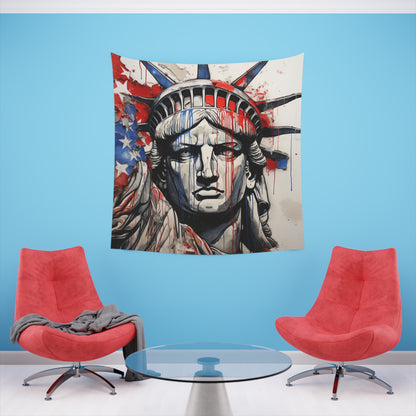 "Abstract Americana: A Flag Tapestry - Unique patriotic art with bold linework and vibrant colors, available in 34"x40" or 57"x57" sizes. Perfect gift! Shop now."