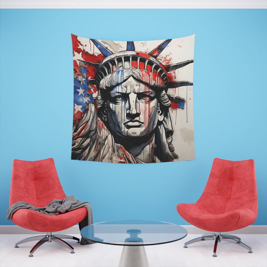 "Abstract Americana: A Flag Tapestry - Unique patriotic art with bold linework and vibrant colors, available in 34"x40" or 57"x57" sizes. Perfect gift! Shop now."