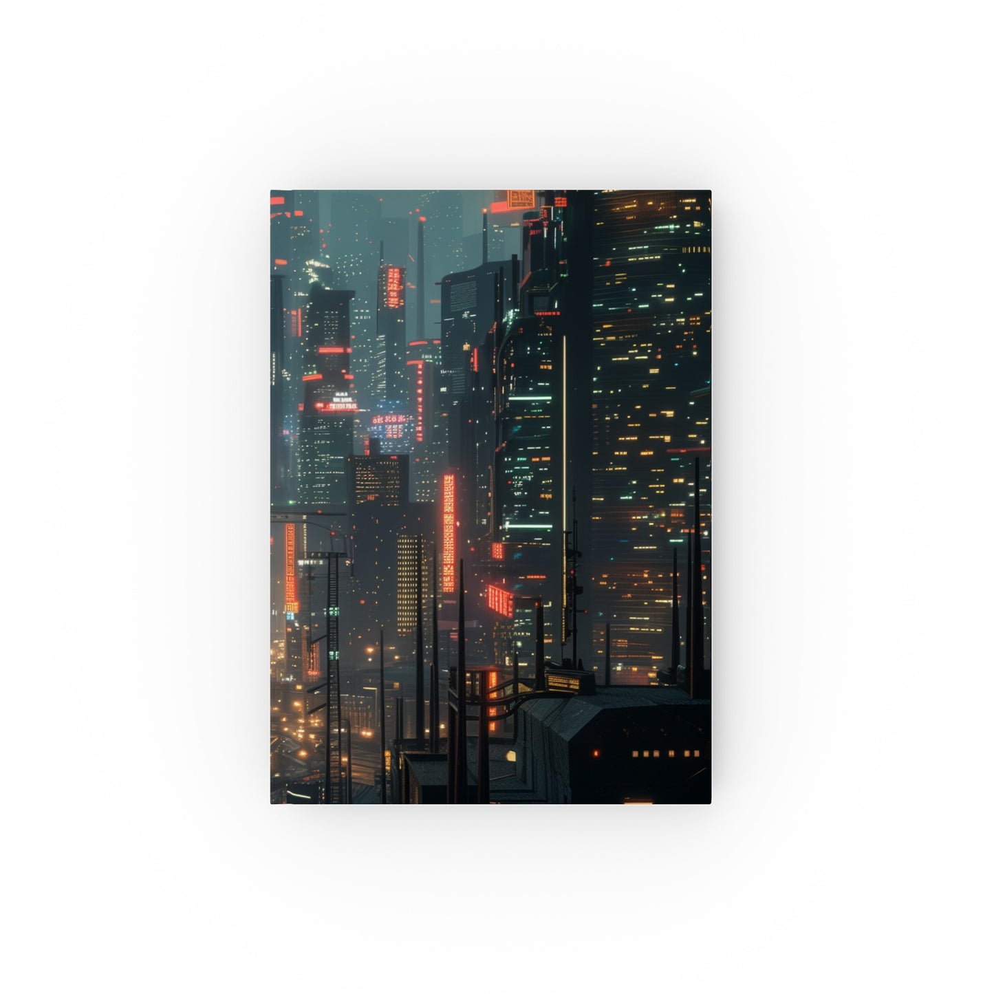 "Data Streams: A Cyberpunk Journal - Neon-lit cityscape design for digital adventures"