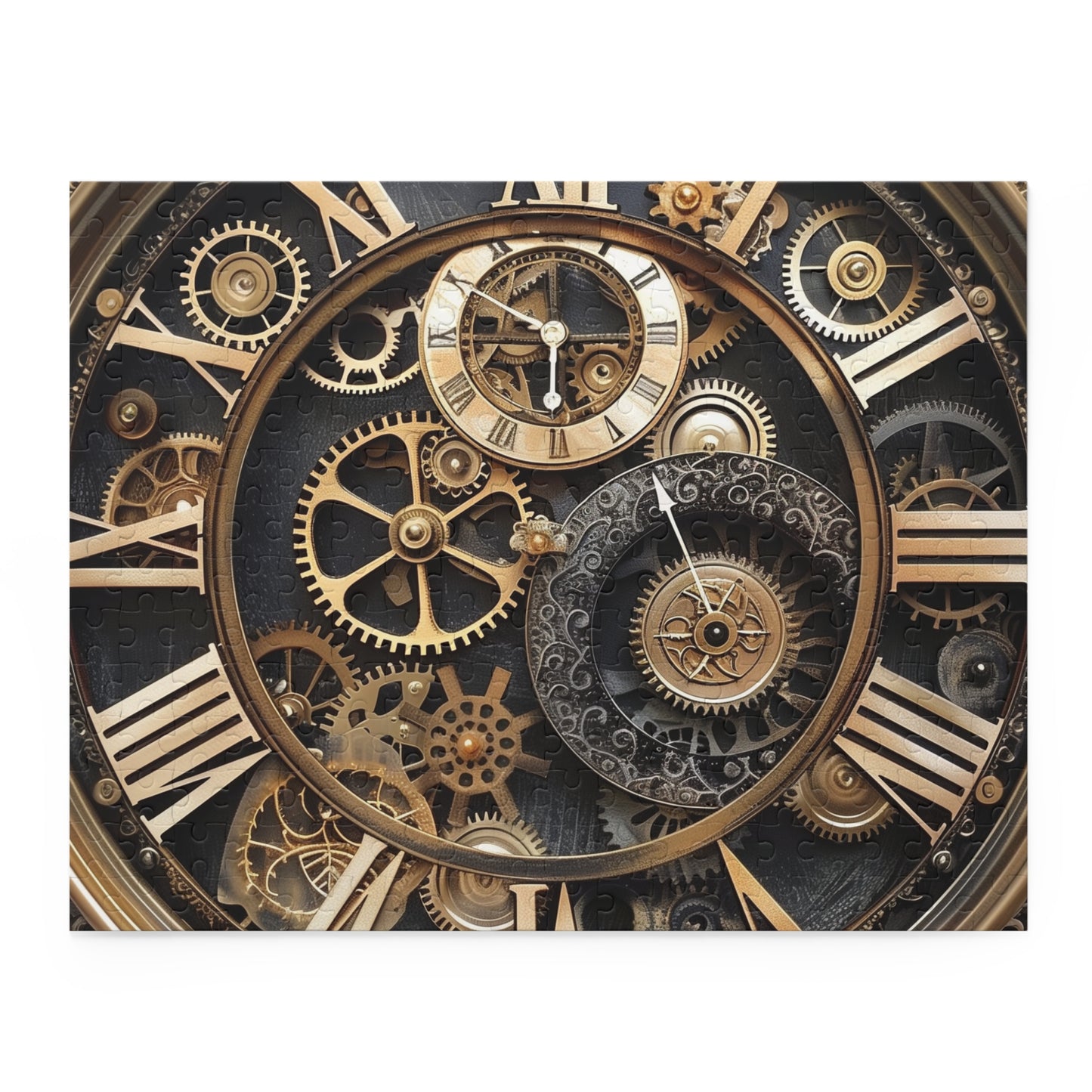 "Steampunk Gear Clock Puzzle - Explore enchanting world of gears and cogs in captivating jigsaw"