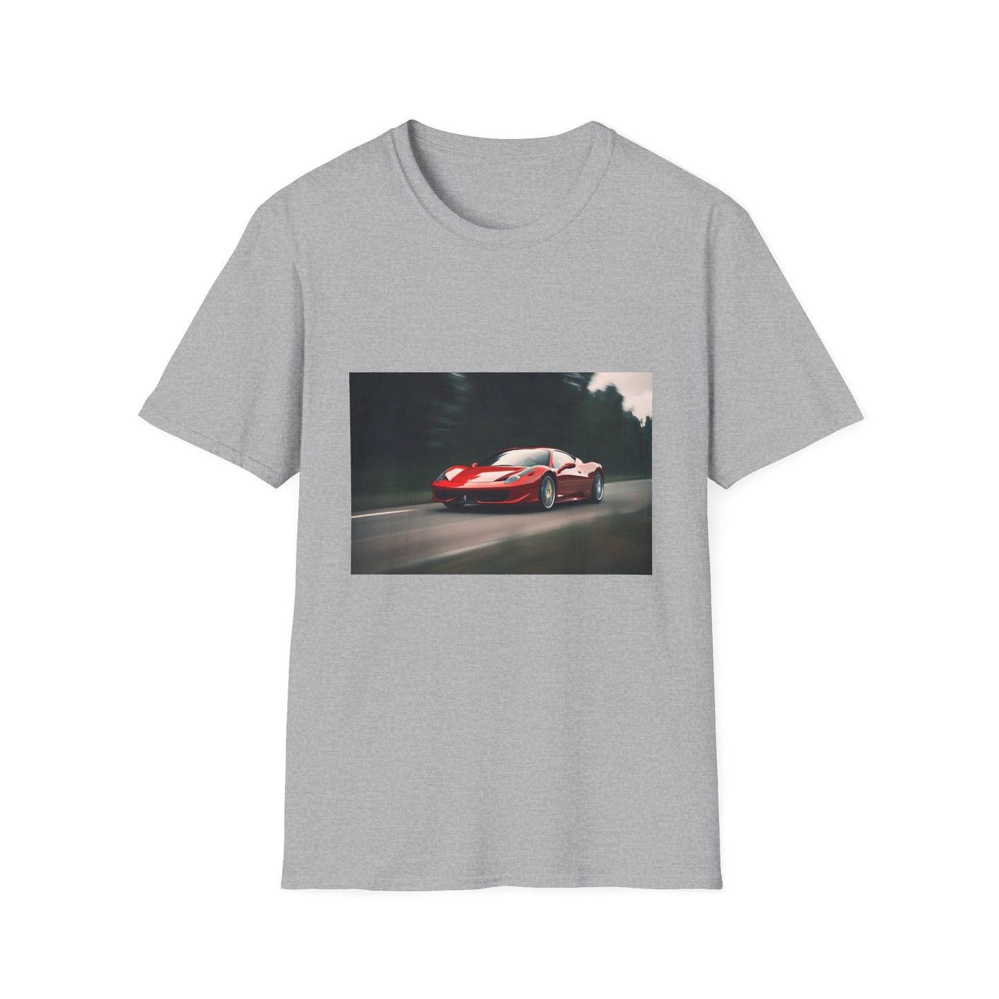 Alt text: "Sleek Ferrari racing on the circuit, vibrant burst of colors, embodying speed and power - Adrenaline Rush on the Racing Circuit T-shirt"