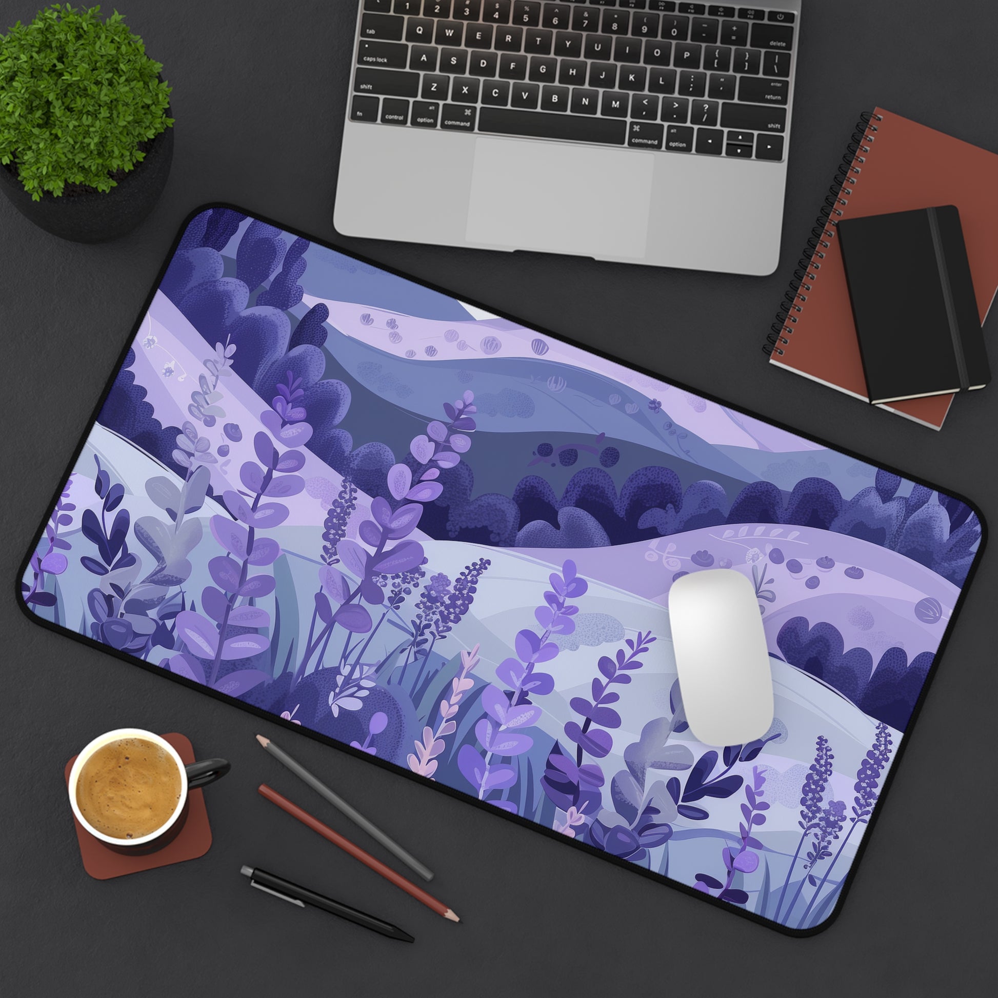 Seamless Lavender Fields Desk Mat - Transform your workspace with calming lavender flower pattern, adding serenity to your workday.