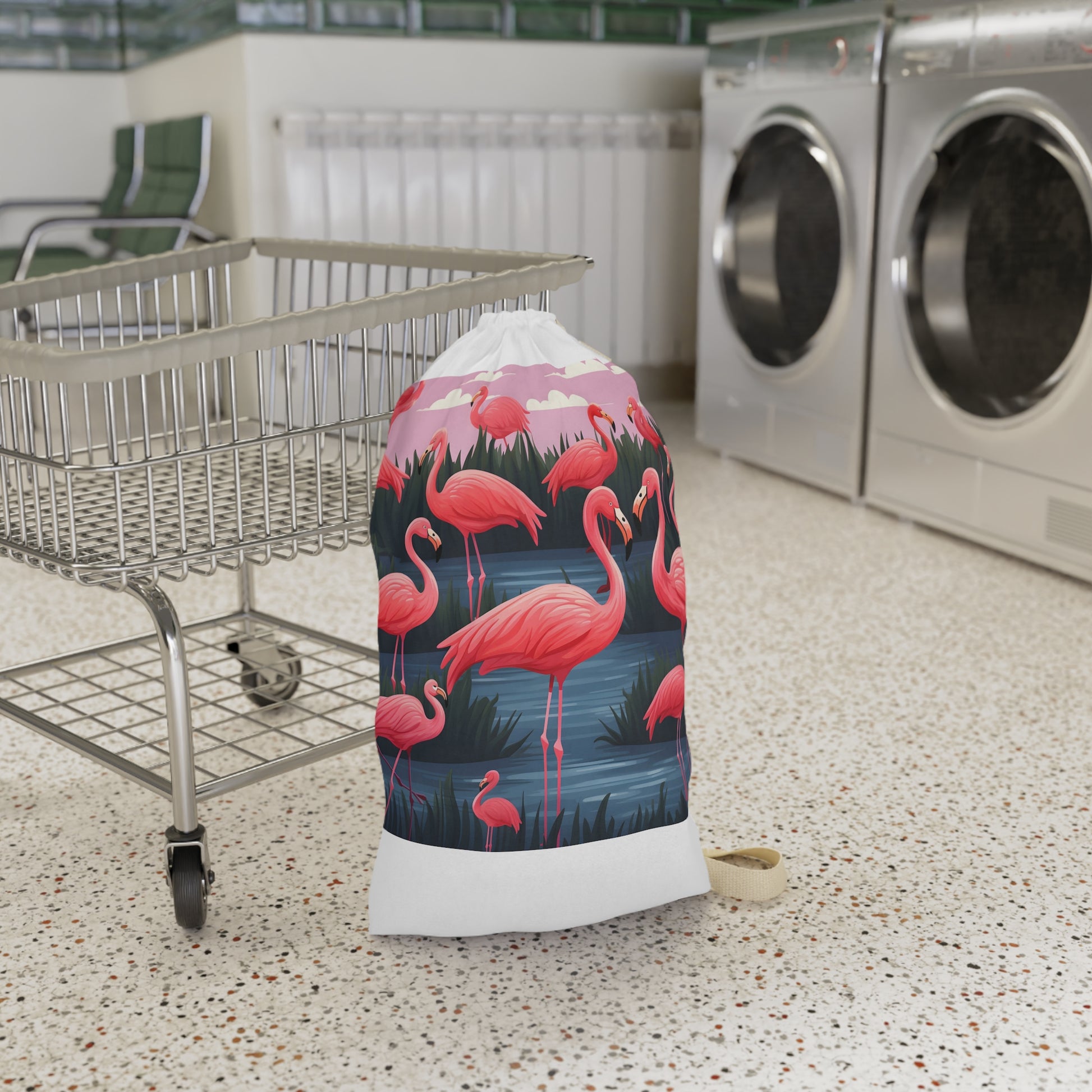 "Fun and vibrant flamingo fiesta laundry bag with pink flamingo pattern for a pop of personality"