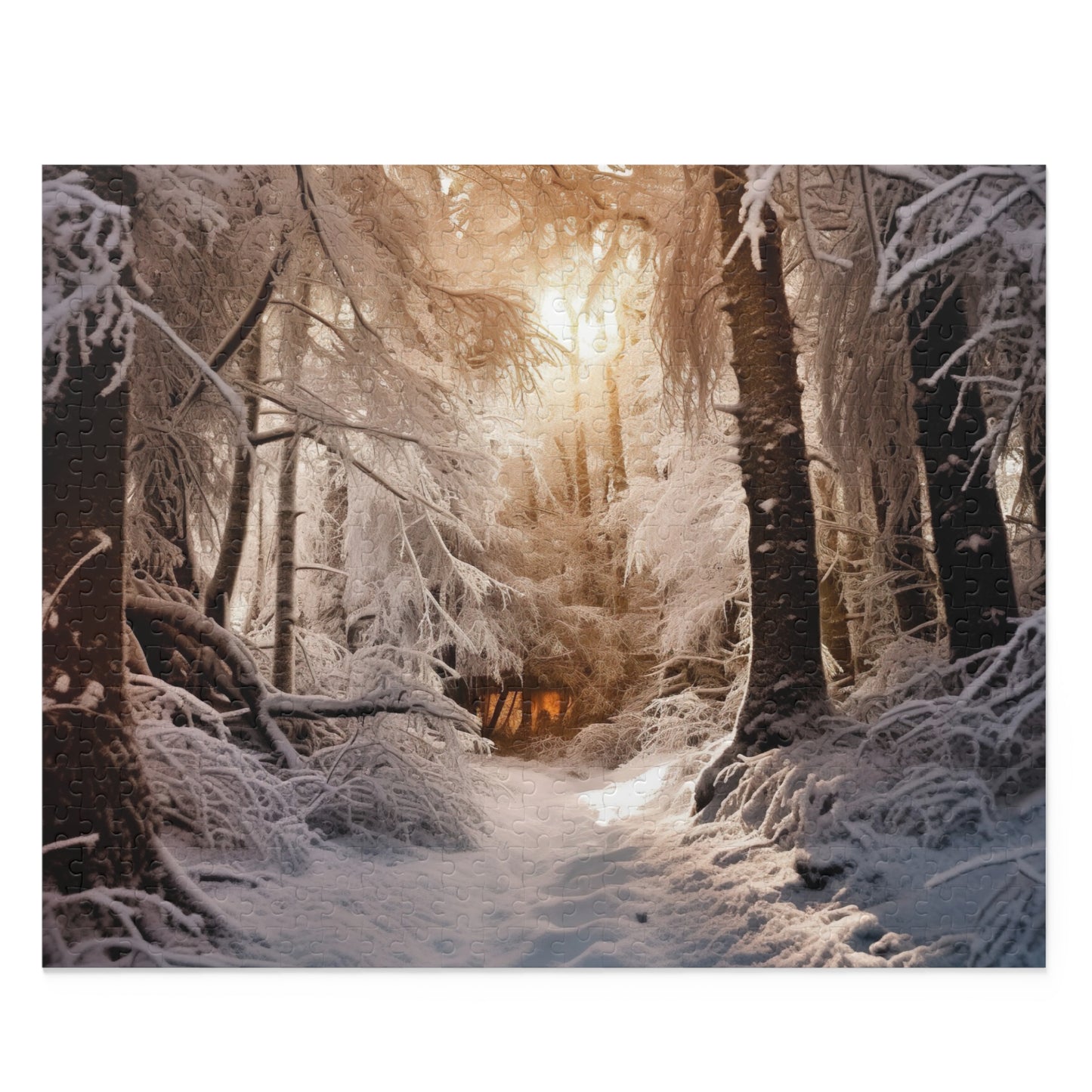 "Serene Winter Wonderland Jigsaw Puzzle for Cozy Nights - Snow-covered forest scene"