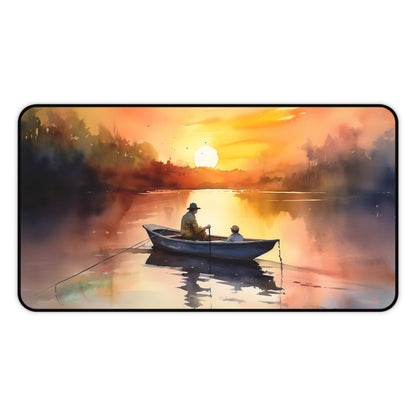 "Fisherman Sunset Desk Mat - Enhance your workspace with stunning fishing sunset image"