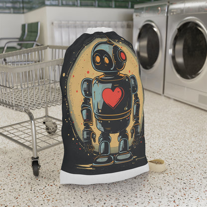 "Retro robot heart laundry bag for stylish laundry transport and organization"