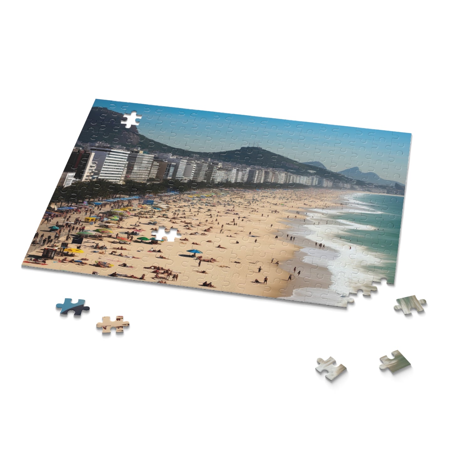 "Rio Beach Jigsaw Puzzle - Relax with vibrant palm trees, blue skies, and crystal clear waters"