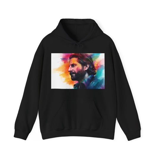 Alt text: Watercolor hoodie featuring a vibrant neon portrait inspired by "A Star is Born" movie, perfect for fans of Bradley Cooper. Made from high-quality material, versatile, and stylish for all seasons. Great gift idea. Shop now at BenCPrints.