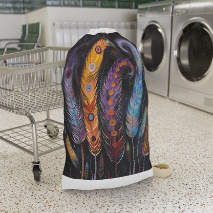 Bohemian feather laundry bag with whimsical design, perfect for stylishly transporting your laundry.