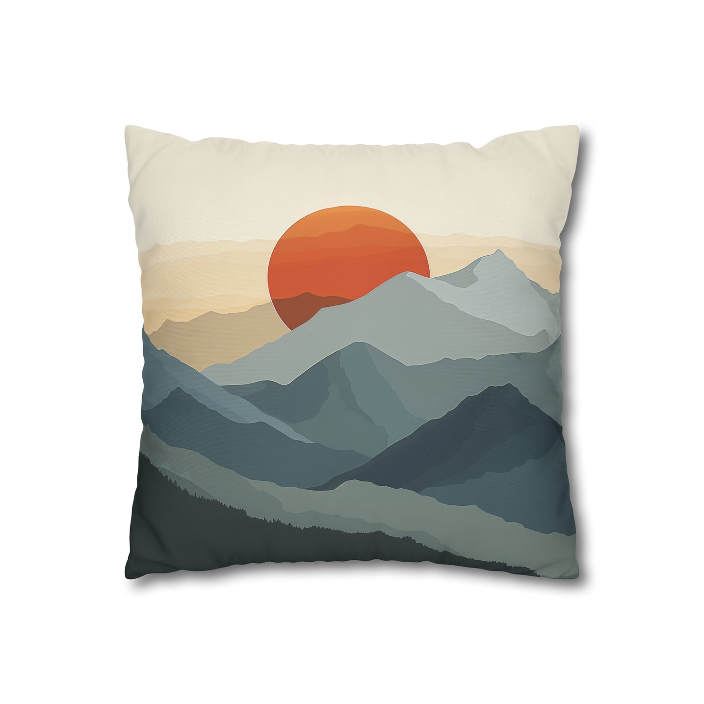 "Golden Hour Peaks Pillowcase - Minimalist mountain design in warm glow of rising sun, perfect for all seasons and a great gift. High-quality and stylish."