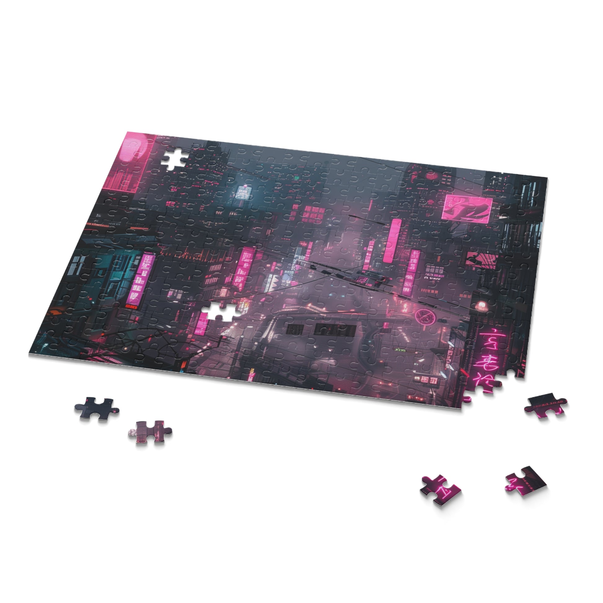 Neon Cityscape Cyberpunk Jigsaw Puzzle - Vibrant and detailed futuristic cityscape design for sci-fi lovers and puzzle enthusiasts.