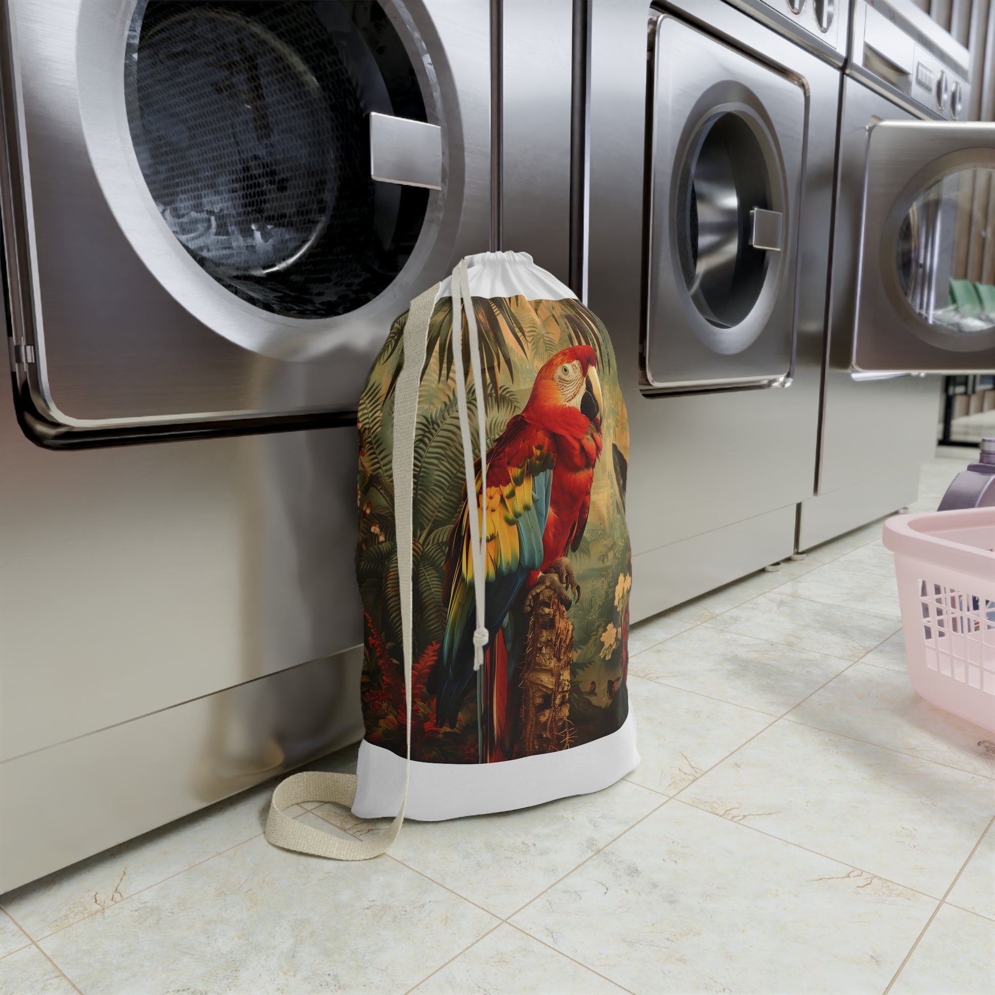 "Colorful parrot print laundry bag, tropical vibes for stylish storage"