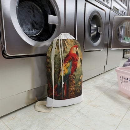 "Colorful parrot print laundry bag, tropical vibes for stylish storage"