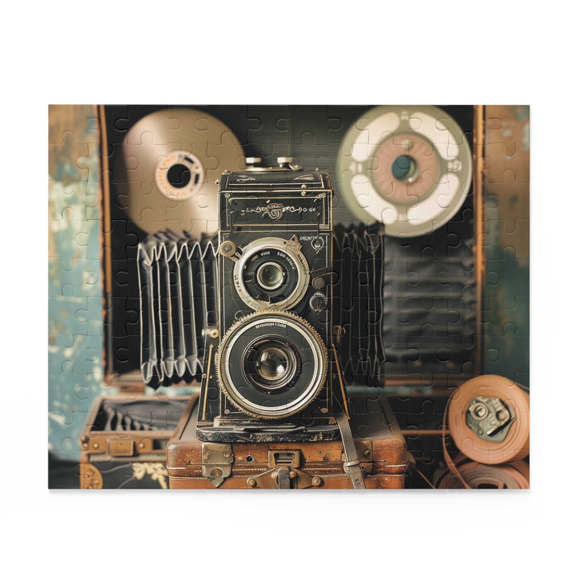 Vintage camera and film reels jigsaw puzzle - perfect for photography lovers, nostalgic vibes, creative minds.