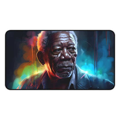 "Neon Freeman Desk Mat - Vibrant Morgan Freeman face in stunning watercolor design for stylish workspace decor"