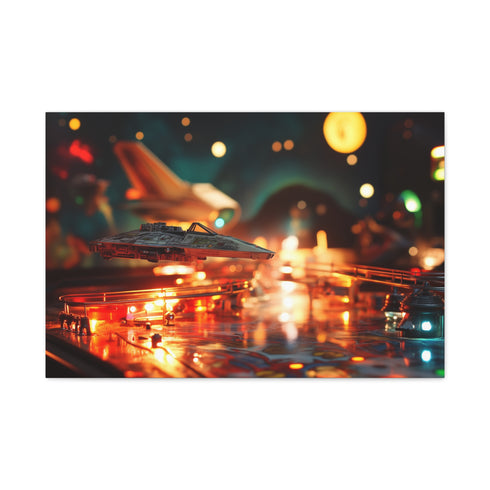 Retro Pinball Machine Turned Battlefield — Canvas Wall Art — Living Room Wall Lifestyle View