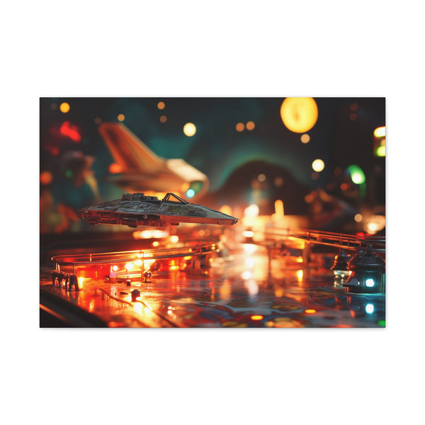 Retro Pinball Machine Turned Battlefield — Canvas Wall Art — Living Room Wall Lifestyle View