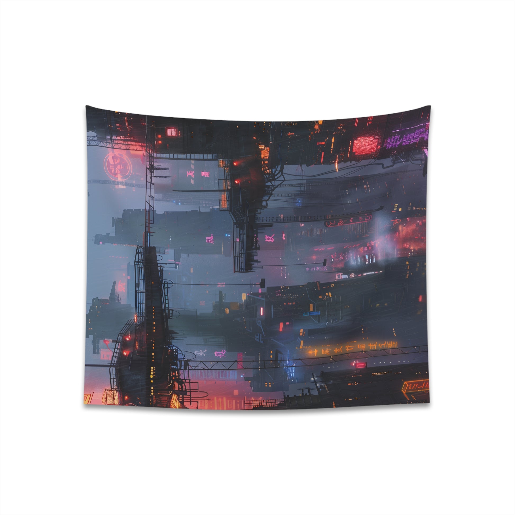 Cyberpunk City Neon Tapestry - Futuristic urban scene with skyscrapers and vibrant lights. Perfect gift, all seasons.