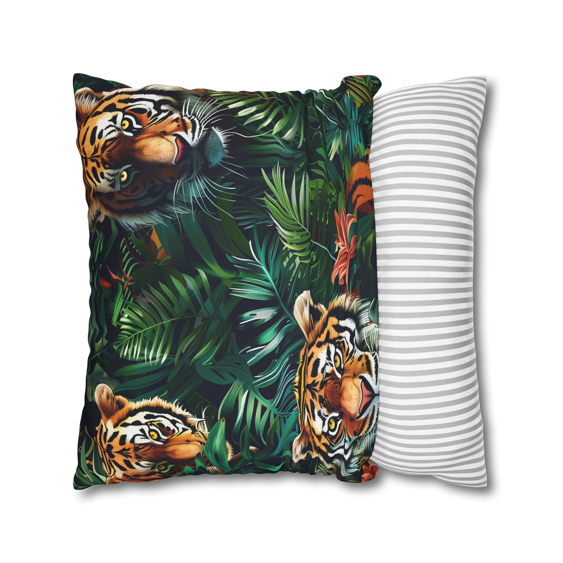 "Jungle Safari Tiger Pillow Case - Transform your bedroom with majestic tigers in lush green foliage"