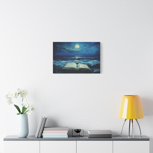 Moonlight Spilling from Open Book — Canvas Wall Art — Kiln-Dried Pine Frame & Ready-to-Hang Back View