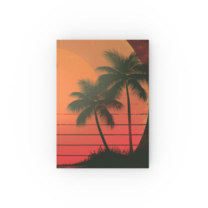 "Retro Sunset Journal with Palm Paradise Design, perfect for capturing memories and relaxing into island time. High-quality and versatile - makes a great gift! Shop now."