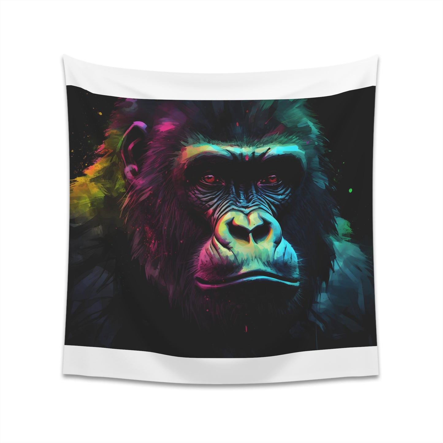 "Silverback Splendor Watercolor Tapestry: Primal Power & Gentle Nature - Neon hues capture the majestic silverback gorilla, a vibrant reminder of conservation. Perfect for all seasons, makes a great gift!"