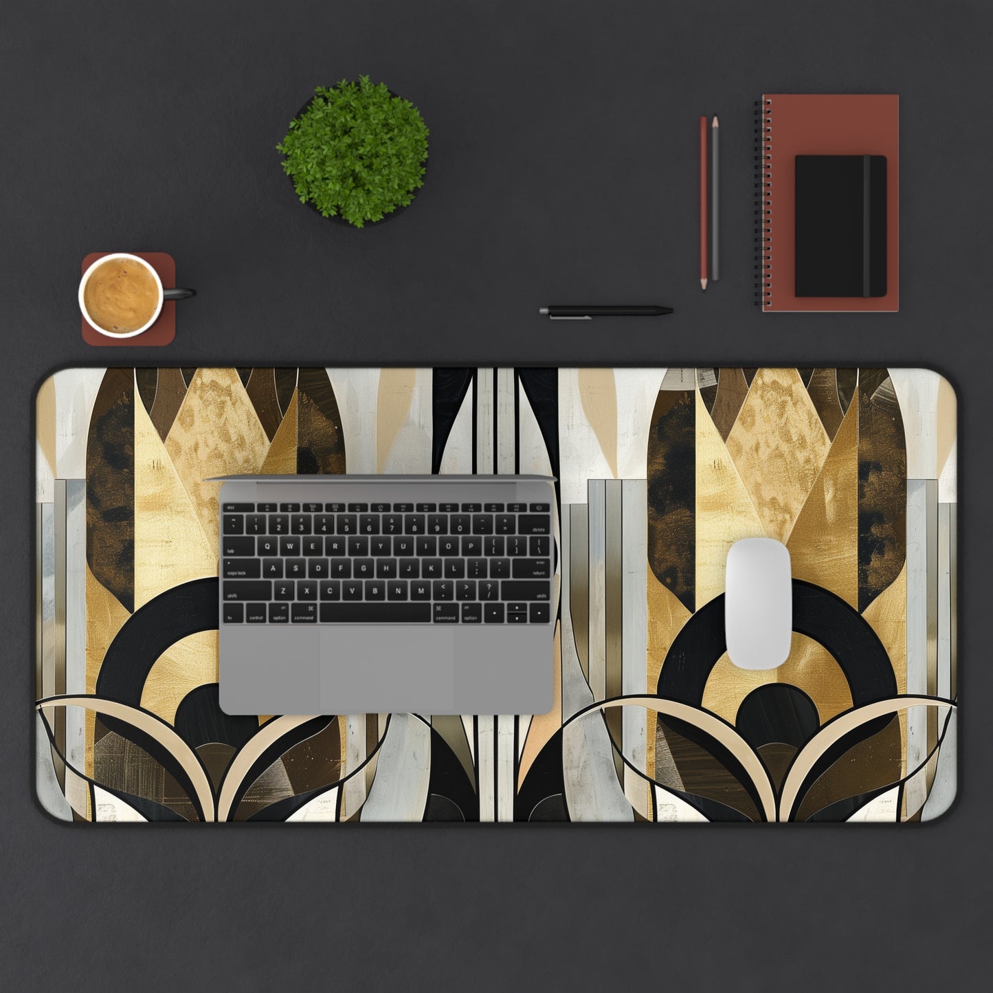 "Abstract art deco desk mat with stunning patterns and vibrant colors for stylish office decor"