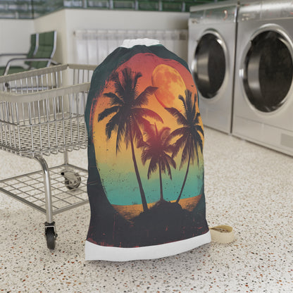 "Sunset palm tree laundry bag, perfect for beach vibes, keeps clothes organized in style"