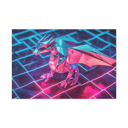 Origami Dragon over a Neon Grid — Canvas Wall Art — Living Room Wall Lifestyle View