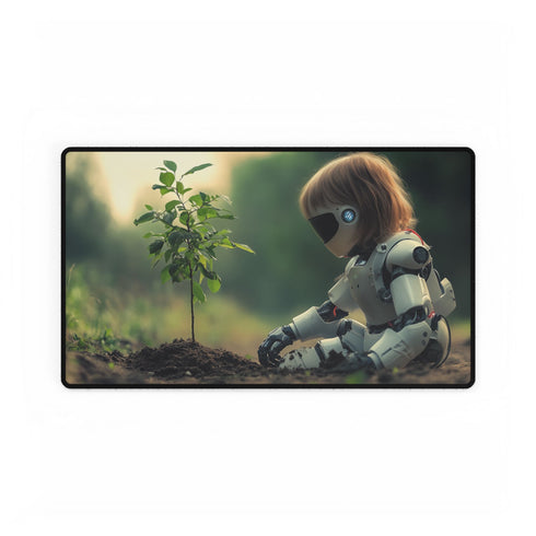 Robot Child Planting a Sprouting Tree — XL & XXL Desk Mat — Gaming & Workspace Desk Setup View