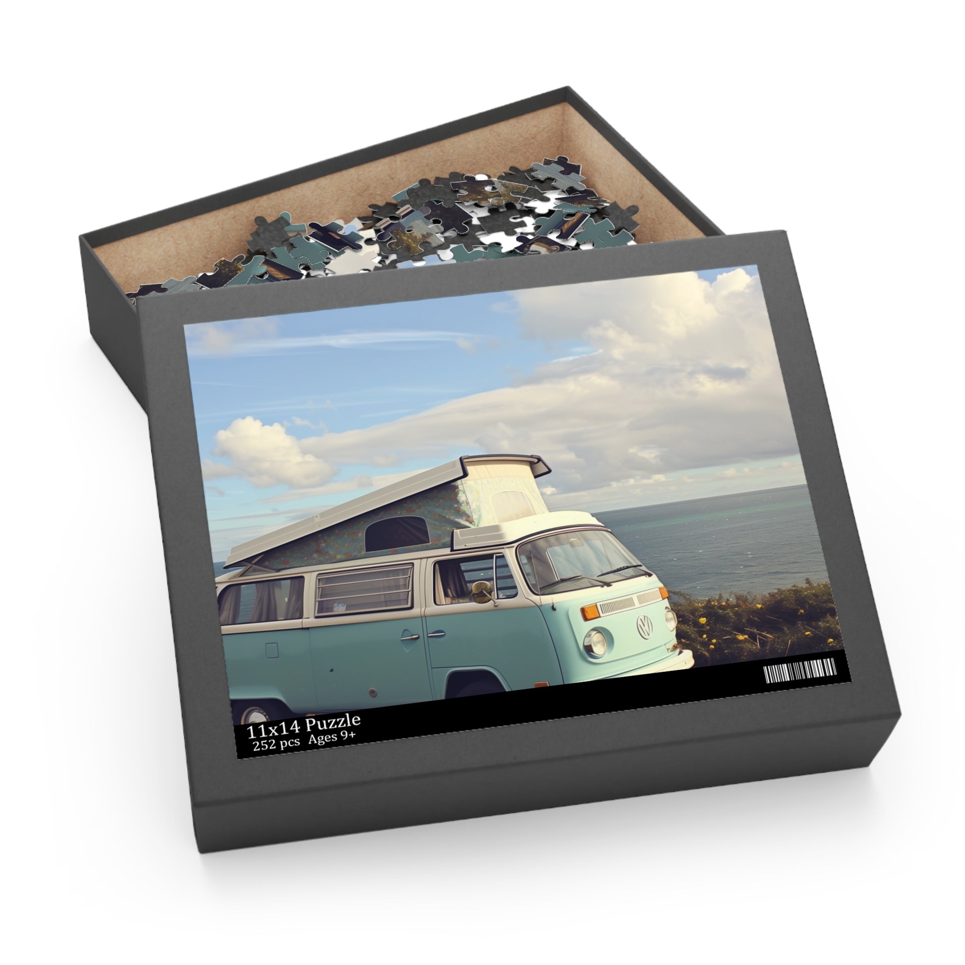 Blue Seaside Camper Van Jigsaw Puzzle - Vibrant coastal scene, perfect for vintage enthusiasts and beach lovers.