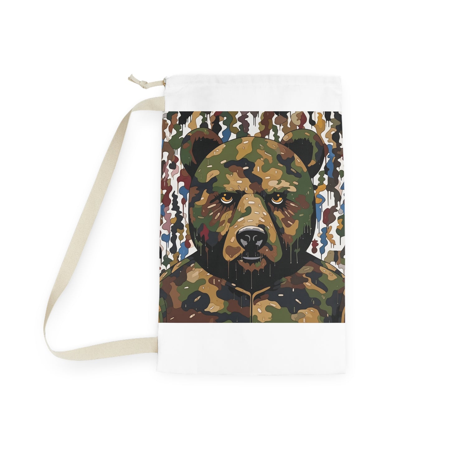 "Stylish Bape camo laundry bag inspired by Takeshi Murakami, keep laundry organized in vibrant design"